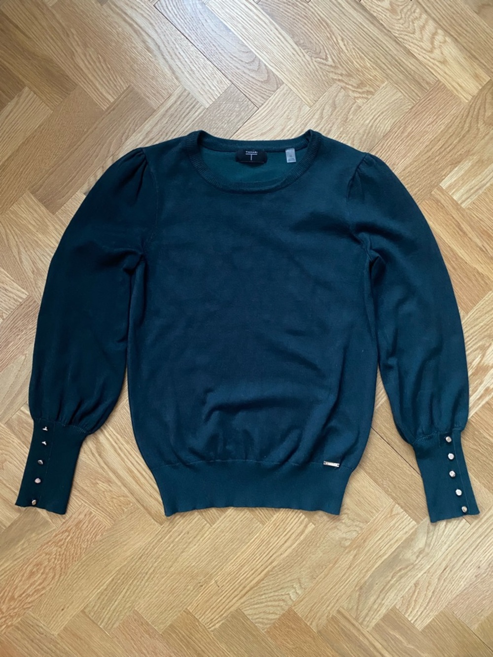 T Tahari Teal sweater with silver button details - Picture 3 of 6
